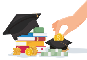 illustration of books, money, and graduate caps