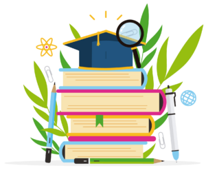 illustration of books, pen, leaves,, and graduate caps